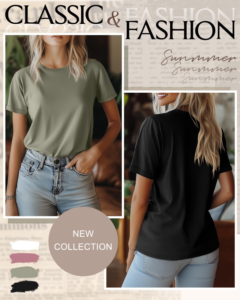 Ficerd 4 Pack Women's Cotton T Shirts Casual Short Sleeve Tunic Tops Crewneck Plain Summer Loose Fit Rolled Sleeve Basic Tee(Black, White, Matcha Green, Pink,Large) - Image 4
