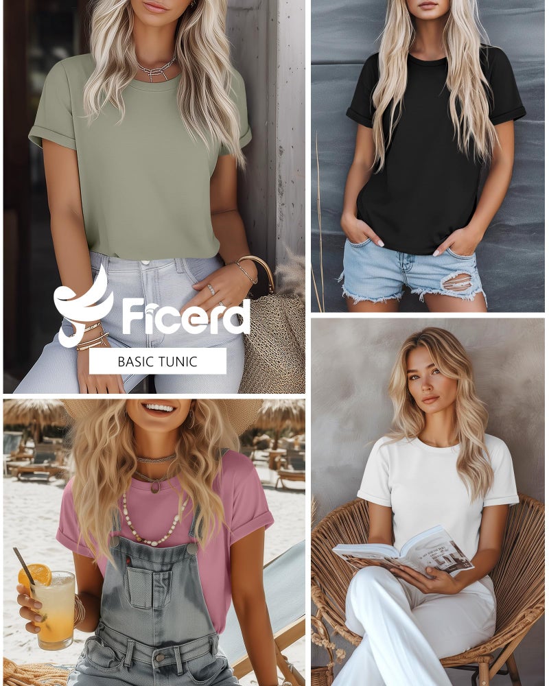 Ficerd 4 Pack Women's Cotton T Shirts Casual Short Sleeve Tunic Tops Crewneck Plain Summer Loose Fit Rolled Sleeve Basic Tee(Black, White, Matcha Green, Pink,Large) - Image 2