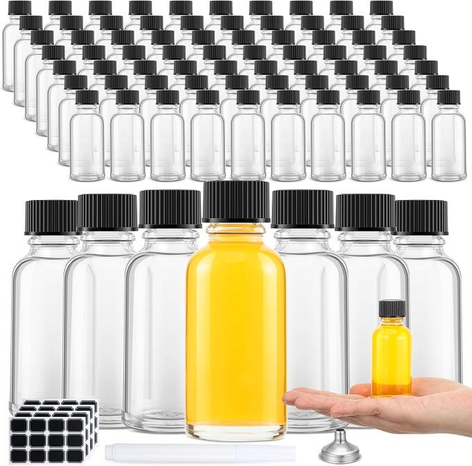 1 OZ GLASS BOTTLE WITH BLACK CAP CLEAR SAMPLE BOSTON ROUND BOTTLE SMALL GLASS CONTAINERS WITH LIDS AND FUNNEL CHALK LABELS PEN FOR VANILLA EXTRACT ESSENTIAL OILS(72 PCS, 6 SHEET)