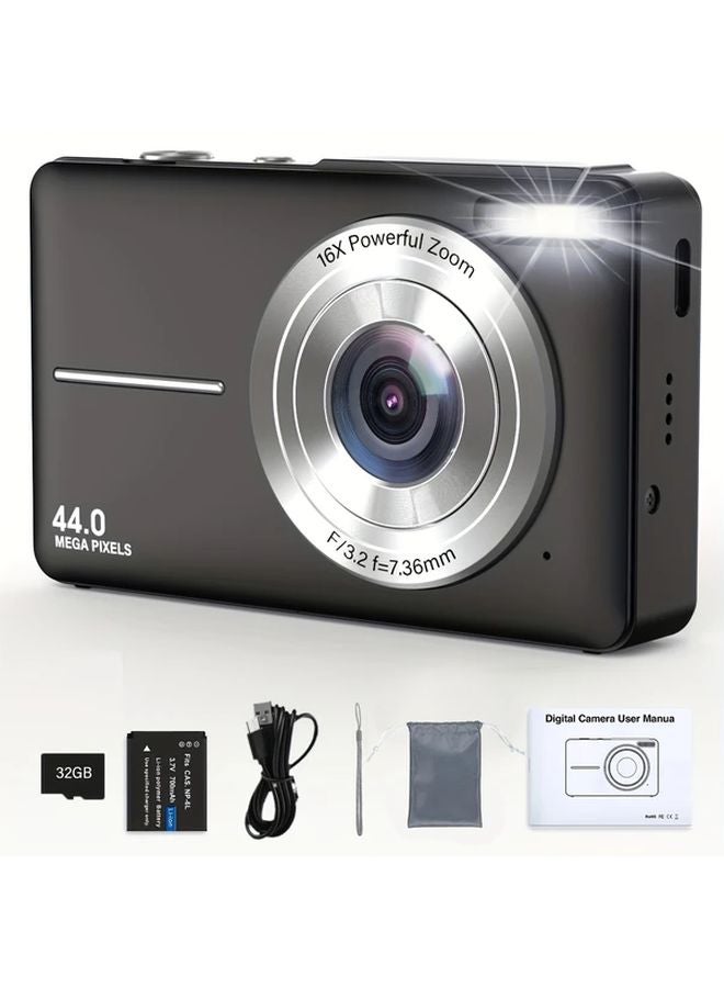 Black 1080P Digital Camera 44MP 2 4 Inch Screen 16x Zoom 32GB Card Vlog Camera - Image 1