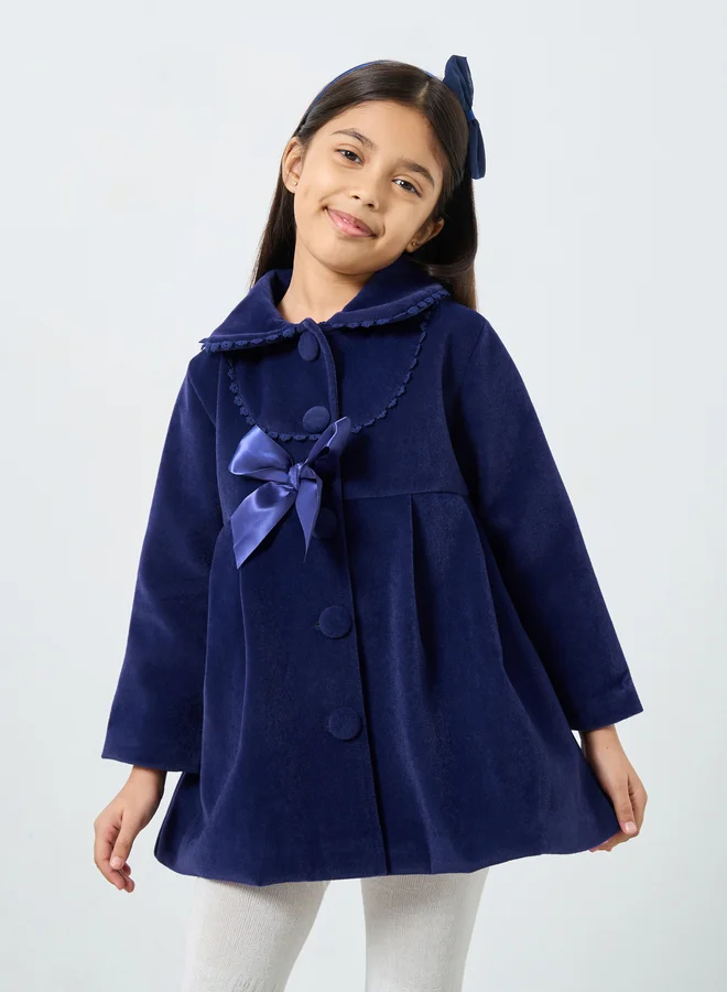 Styli Styli Blue Solid Button Detail Coat with Bow Detail