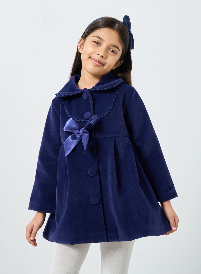 Styli Blue Solid Button Detail Coat with Bow Detail - Image 1