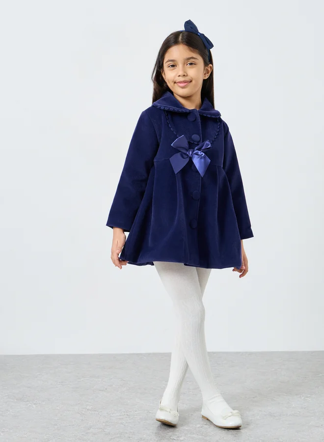 Styli Styli Blue Solid Button Detail Coat with Bow Detail