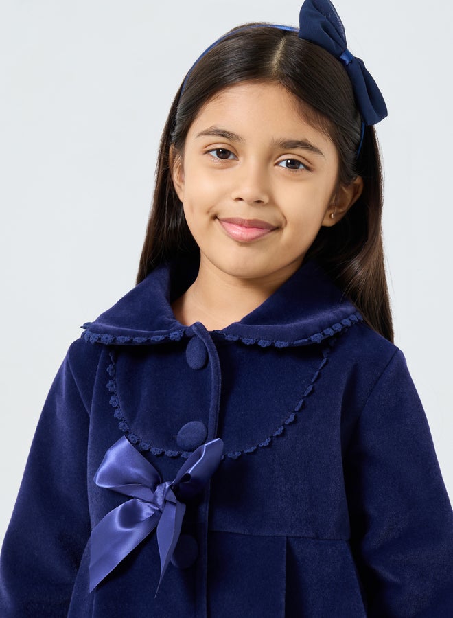 Styli Blue Solid Button Detail Coat with Bow Detail - Image 3