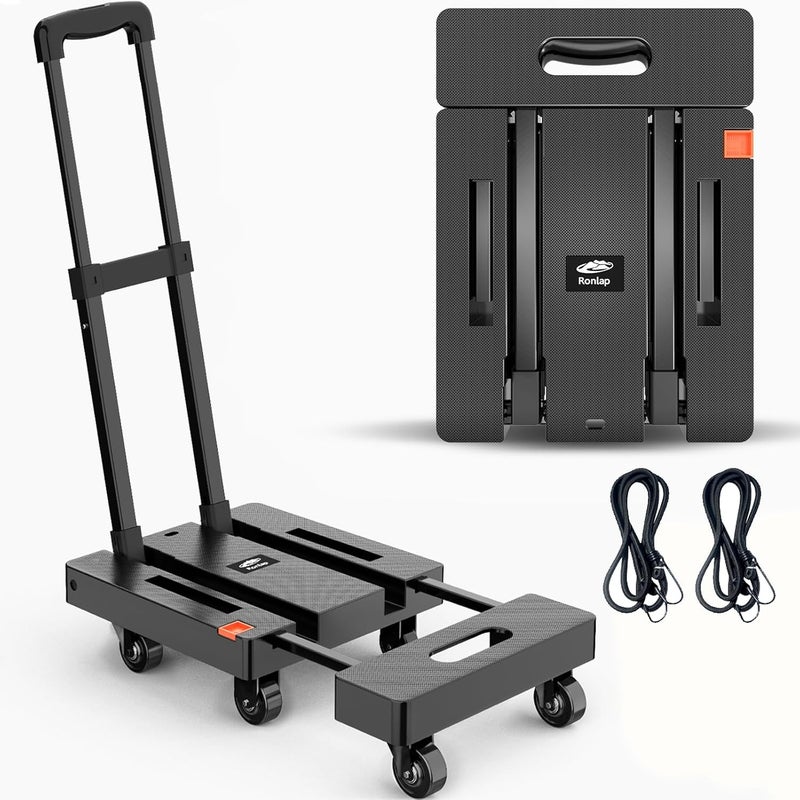 Ronlap Folding Hand Truck, Foldable Moving Dolly Cart with Wheels 500lbs Heavy Duty Luggage Cart Portable Hand Cart Collapsible Dolly with 6 Wheels & 2 Ropes for Airplane Travel House Moving, Black - Image 1