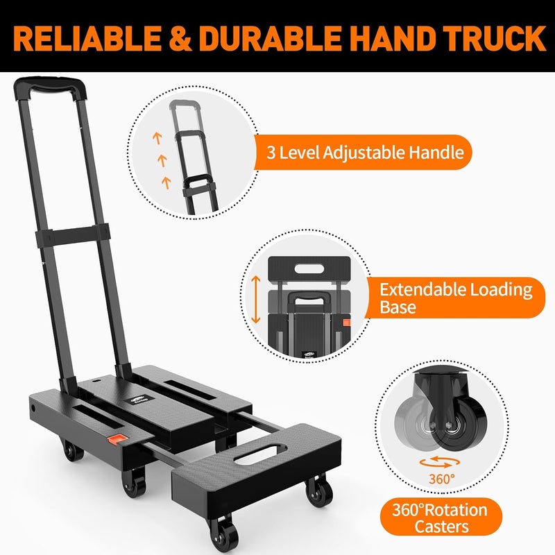 Ronlap Folding Hand Truck, Foldable Moving Dolly Cart with Wheels 500lbs Heavy Duty Luggage Cart Portable Hand Cart Collapsible Dolly with 6 Wheels & 2 Ropes for Airplane Travel House Moving, Black - Image 3