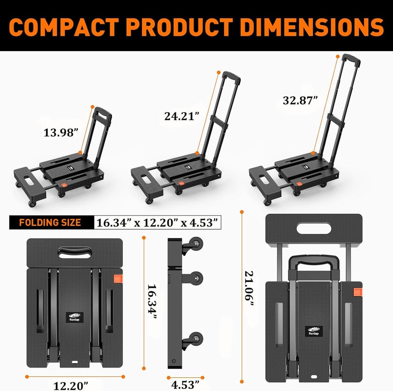 Ronlap Folding Hand Truck, Foldable Moving Dolly Cart with Wheels 500lbs Heavy Duty Luggage Cart Portable Hand Cart Collapsible Dolly with 6 Wheels & 2 Ropes for Airplane Travel House Moving, Black - Image 2