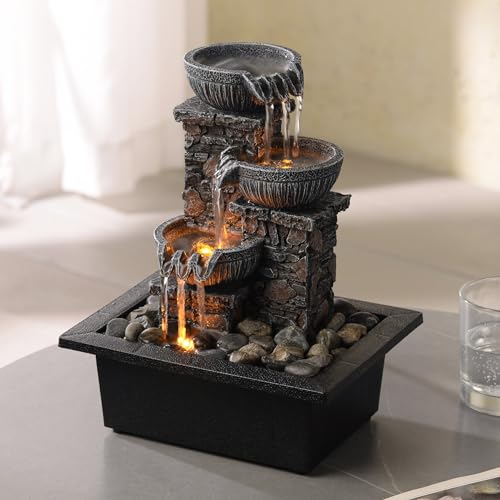Kalona Tabletop Fountain 3 Bowls with LED Light Soothing Water Flowing Sound Fountain Zen/Meditation Home/Office Decor Home Décor Relaxation Indoor (23113) - Image 4