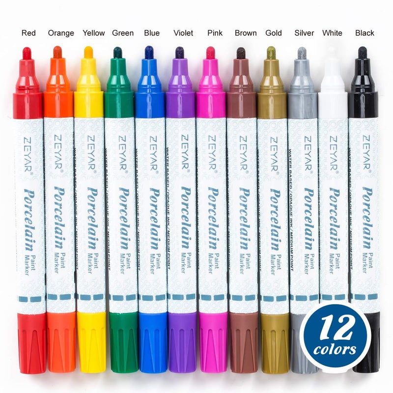ZEYAR Acrylic Paint Pens for Porcelain, Professional Ceramic painting, 12 colors Water-based, Medium Point, Water and Fade Resistant, DIY on Mugs and other Ceramics for Permanent Collection - Image 2