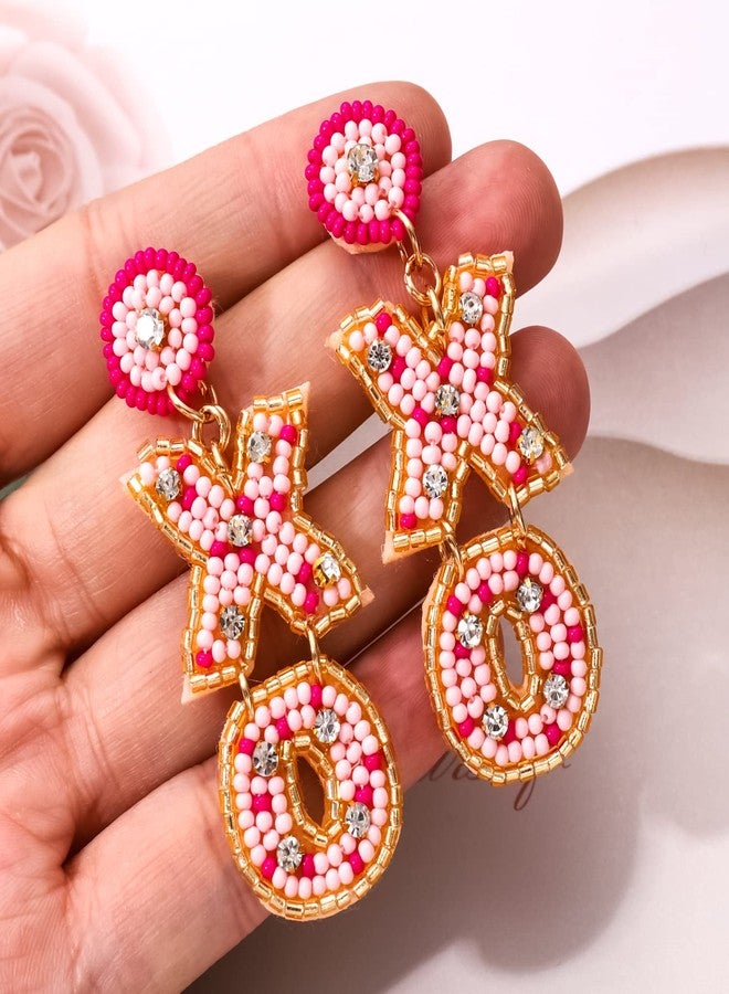 BVGA Valentine’s Day Earrings Beaded XOXO Drop Earrings Fashion Pink Trendy Crystal Big Love Dangle Earrings for Women Statement Jewelry (Pink XO) - Image 3