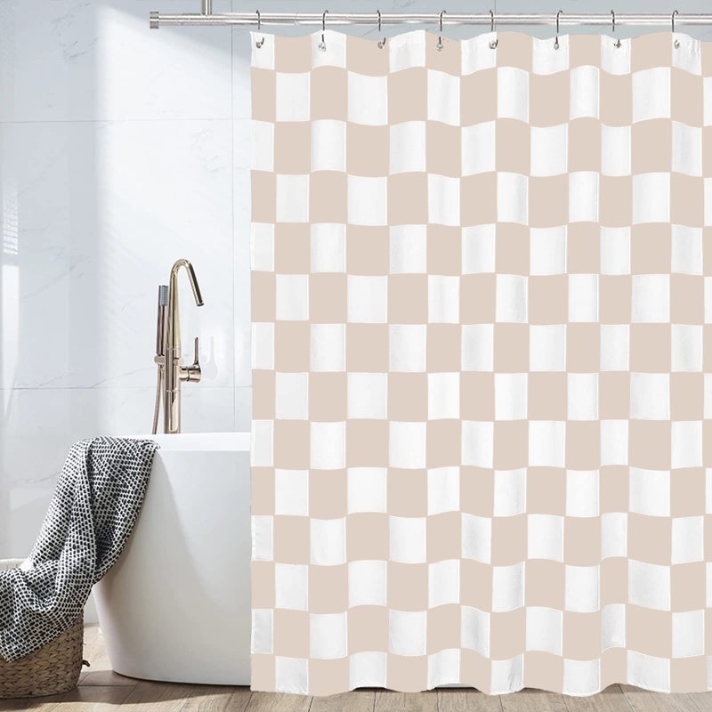 Tititex Aesthetic Checkerboard Grid Pattern Shower Curtain  White Cream Modern Shower Curtain Sets Decoration 71x84 Inch with Hooks - Image 2