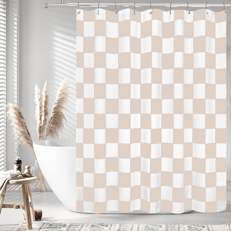 Tititex Aesthetic Checkerboard Grid Pattern Shower Curtain  White Cream Modern Shower Curtain Sets Decoration 71x84 Inch with Hooks - Image 1