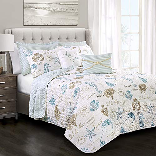 Lush Decor Lush Decor Harbor Life Reversible Quilt Set 7 Piece Set King Blue  Taupe  Striped Nautical Quilt  Sea Life Print  Coastal Bedding Set With Throw Pillows  Beach Decor For Bedroom 