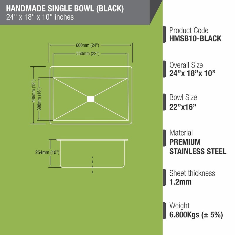 Lipka LIPKA Handmade Single Bowl Kitchen Sink 24 x 18 x 10 Inches with Black Matte PVD Coating Premium Stainless Steel Sink with PVC Waste Pipe Sink Coupling Vegetable Strainer - Image 2
