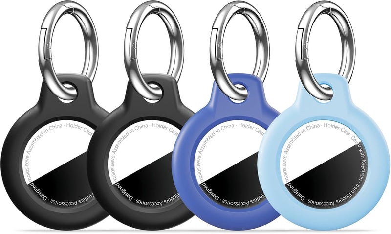 مجموعة MOLOSLEEVE [4 قطع] لحامل Airtag مع سلسلة مفاتيح، غطاء GPS مقاوم للصدمات ومضاد للخدش، إكسسوارات Airtag لحالات تتبع GPS للحقائب والأمتعة، أسود/أسود/أزرق/أزرق فاتح - Image 1