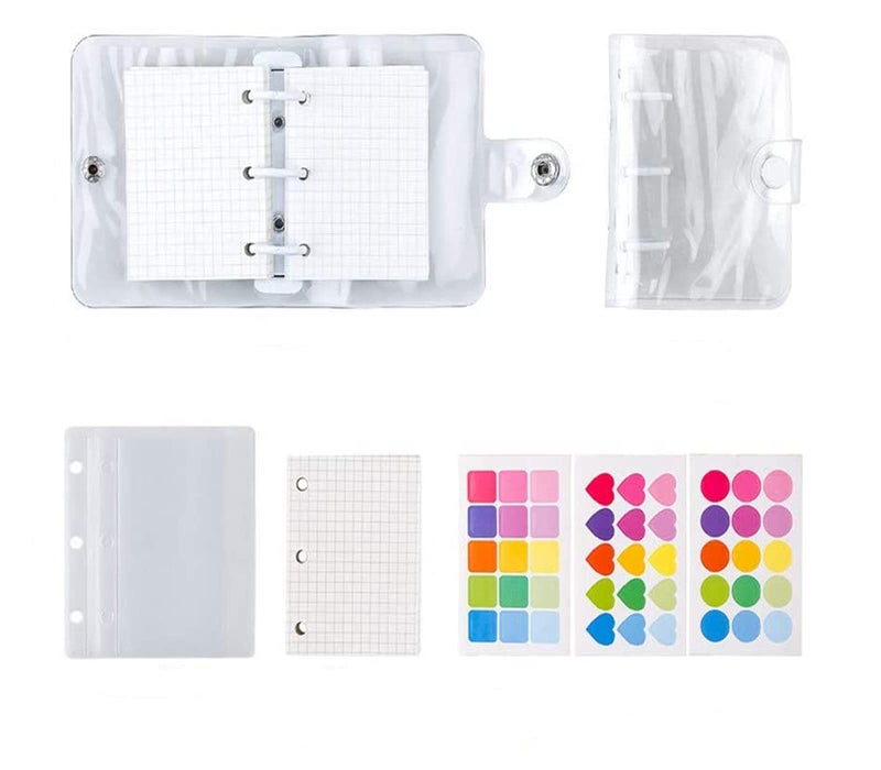 YUDONG Mini Binder Pockets,3-Hole Refillable Notebook Accessories Set, Transparent PVC Loose-Leaf Notebook,Including 70 Internal Grid Pages+2 Storage Bags+12 Paper Cards+45 Note Tabs +1 Shell (White) - Image 1