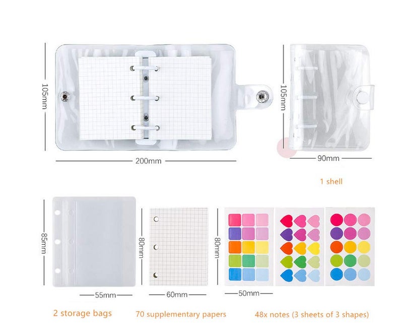 YUDONG Mini Binder Pockets,3-Hole Refillable Notebook Accessories Set, Transparent PVC Loose-Leaf Notebook,Including 70 Internal Grid Pages+2 Storage Bags+12 Paper Cards+45 Note Tabs +1 Shell (White) - Image 2