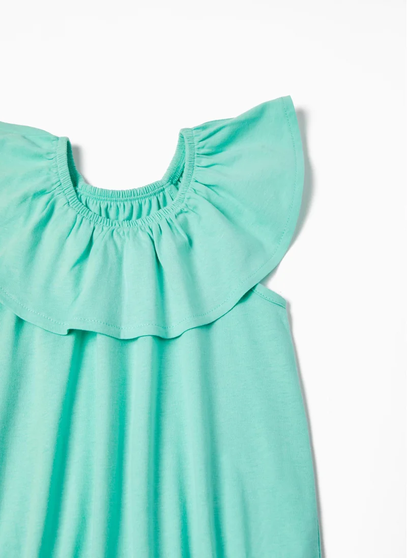 Zippy Short Cotton Jumpsuit for Girls, Aqua Green