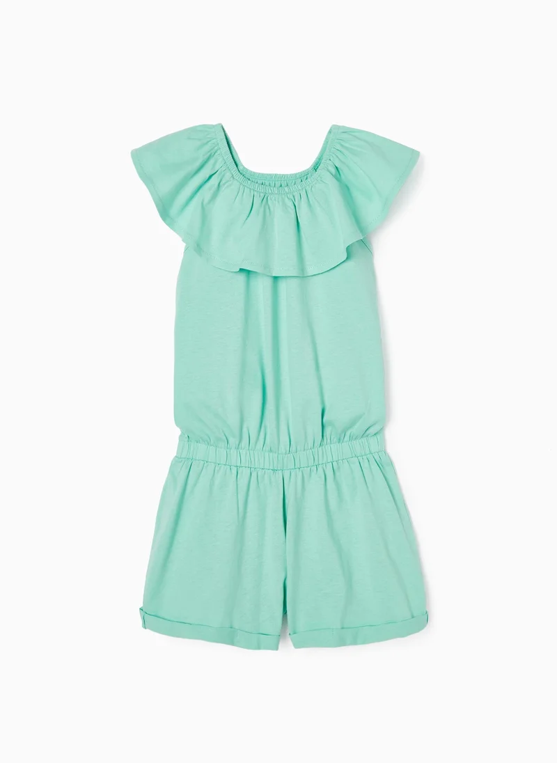 Zippy Short Cotton Jumpsuit for Girls, Aqua Green