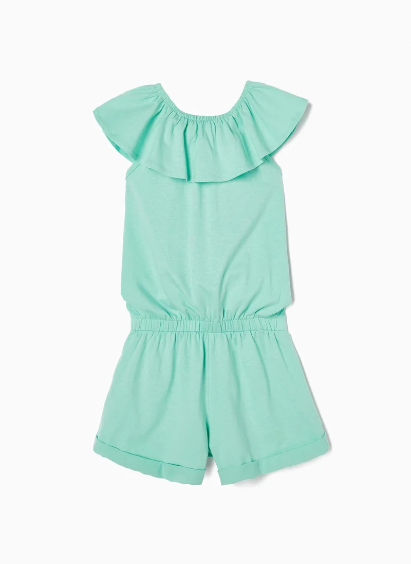 Zippy Short Cotton Jumpsuit for Girls, Aqua Green