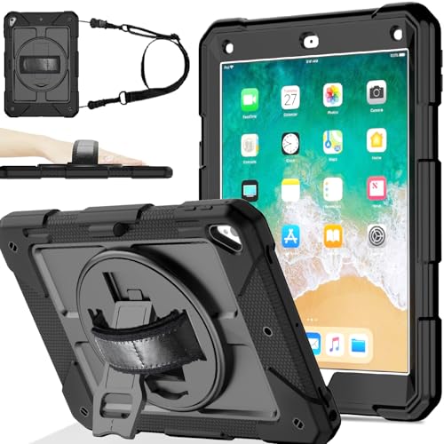 BMOUO Case for iPad 6th/5th Generation Case (9.7 inch, 2018/2017), 360°Rotating Stand, Hand/Shoulder Strap Shockproof iPad 9.7” Case for iPad Air 2, Black - Image 1