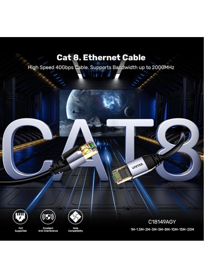 Unitek Cat 8 Ethernet Cable, 1.5 Meter, Black – High-Speed 40Gbps LAN Network Cable with 2000MHz Bandwidth, Shielded S/FTP, Gold-Plated RJ45 Connectors for Gaming, Streaming, Router, Modem, PC, and Switch - Image 3