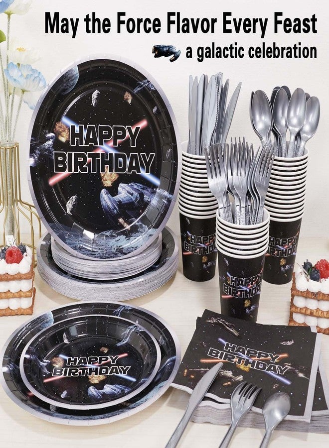 Heboland Space Battleship Wars Birthday Party Decorations Plates Set 25 Guests,175pcs Cardstock Plates, Napkins, Cups Cutlery Set | Star Galaxy Universe Starship Themed for Boys Kids Party Decorations - Image 3