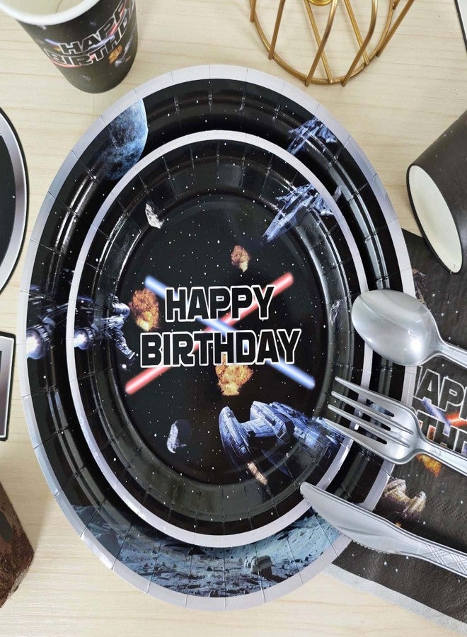 Heboland Space Battleship Wars Birthday Party Decorations Plates Set 25 Guests,175pcs Cardstock Plates, Napkins, Cups Cutlery Set | Star Galaxy Universe Starship Themed for Boys Kids Party Decorations - Image 4