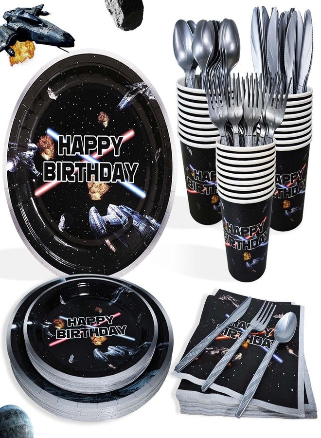 Heboland Space Battleship Wars Birthday Party Decorations Plates Set 25 Guests,175pcs Cardstock Plates, Napkins, Cups Cutlery Set | Star Galaxy Universe Starship Themed for Boys Kids Party Decorations - Image 1