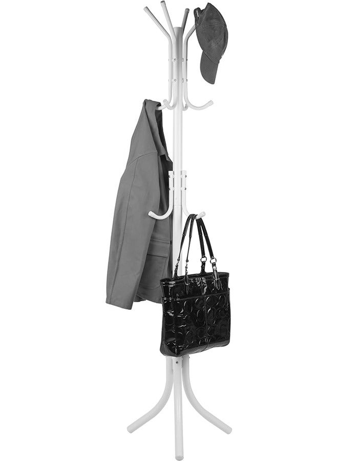 RATSAW Standing Metal Coat Rack Hat Hanger with 12 Hooks for Jacket Purse Scarf Umbrella Tree Stand White  - Image 1