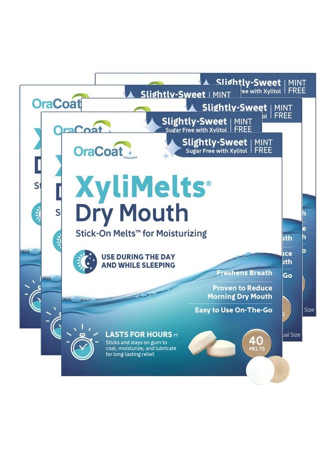 أوراكوت أقراص OraCoat XyliMelts المرطبة للفم لتخفيف جفاف الفم، 40 قرصًا، عبوة من 5 قطع، حلوة قليلاً مع إكسيليتول، لعلاج جفاف الفم، تحفز إفراز اللعاب  - Image 1