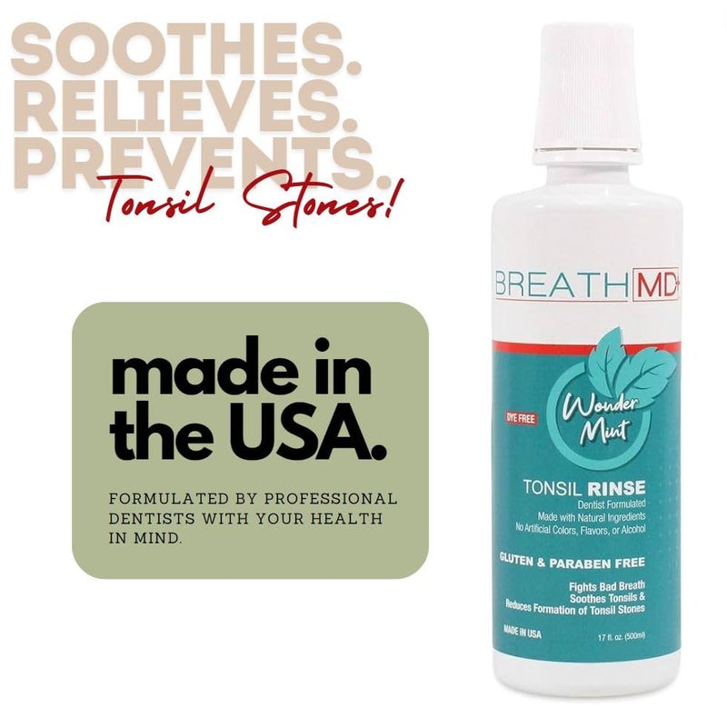 BreathMD - Natural Tonsil Stone Remover Rinse Mouthwash & Bad Breath Treatment - Dentist Formulated - Alcohol Free, Dye Free, Gluten Free - Wonder Mint Flavor - Made in USA - Image 2