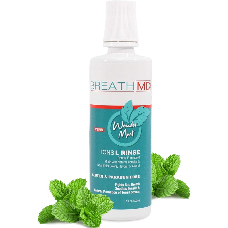 BreathMD - Natural Tonsil Stone Remover Rinse Mouthwash & Bad Breath Treatment - Dentist Formulated - Alcohol Free, Dye Free, Gluten Free - Wonder Mint Flavor - Made in USA - Image 1