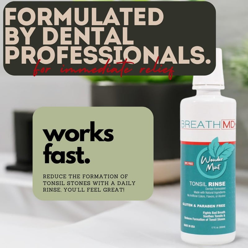 BreathMD - Natural Tonsil Stone Remover Rinse Mouthwash & Bad Breath Treatment - Dentist Formulated - Alcohol Free, Dye Free, Gluten Free - Wonder Mint Flavor - Made in USA - Image 5