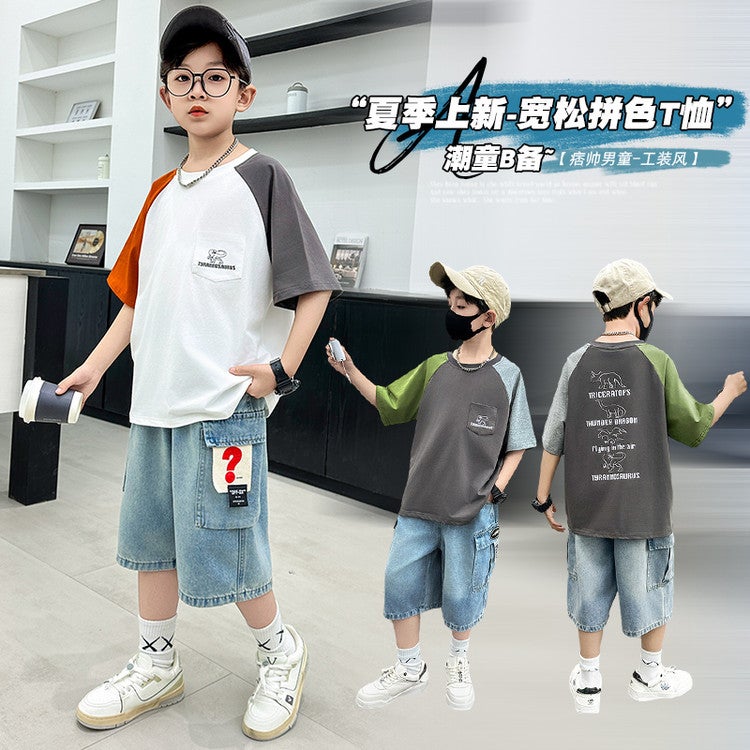 Boys Summer Raglan Sleeve Short-Sleeved T-Shirt Children'S Big Boy Summer Thin Half-Sleeved Top - Image 3