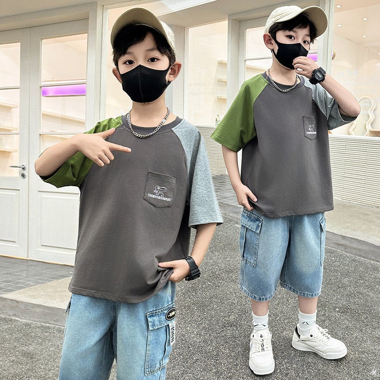 Boys Summer Raglan Sleeve Short-Sleeved T-Shirt Children'S Big Boy Summer Thin Half-Sleeved Top - Image 1