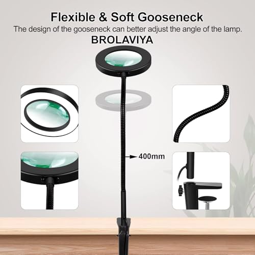 BROLAVIYA Overhead 5X Magnifying Glass with Led Light and Stand, 3 Color Modes Dimmable, Flexible Hose Metal Arm, Magnifier Desk Lamp for Crafts, Makeup, Reading, Photography – Black - Image 4