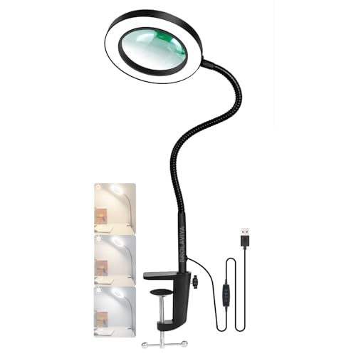 BROLAVIYA Overhead 5X Magnifying Glass with Led Light and Stand, 3 Color Modes Dimmable, Flexible Hose Metal Arm, Magnifier Desk Lamp for Crafts, Makeup, Reading, Photography – Black - Image 1