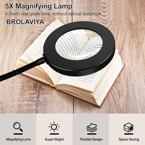 BROLAVIYA Overhead 5X Magnifying Glass with Led Light and Stand, 3 Color Modes Dimmable, Flexible Hose Metal Arm, Magnifier Desk Lamp for Crafts, Makeup, Reading, Photography – Black - Image 3