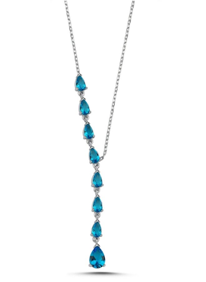 EMNON 925 Sterling Silver Jewelry Rhodium Plated Teardrop Aquamarine CZ Dangle Y Necklace-Blue 100% Precious Metal Gift for Women- Emnon48NE  - Image 1