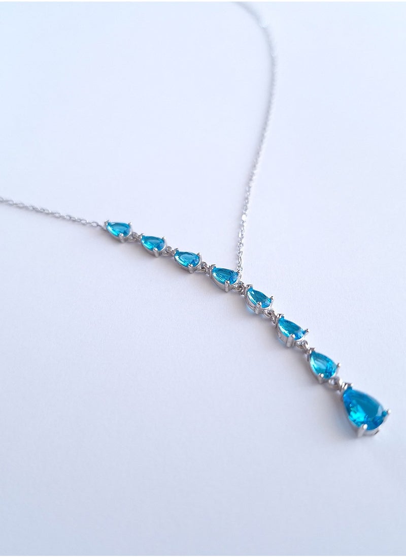 EMNON 925 Sterling Silver Jewelry Rhodium Plated Teardrop Aquamarine CZ Dangle Y Necklace-Blue 100% Precious Metal Gift for Women- Emnon48NE  - Image 2