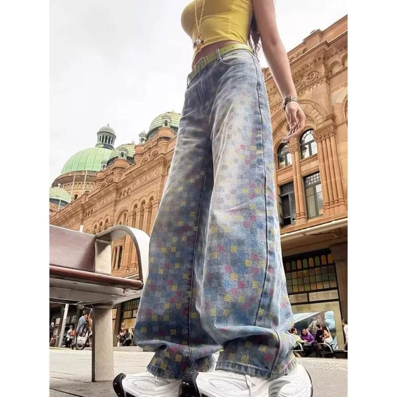 Retro Colorful Plaid Jeans for Men,Autumn New High Street Straight Loose Wide-Leg Pants