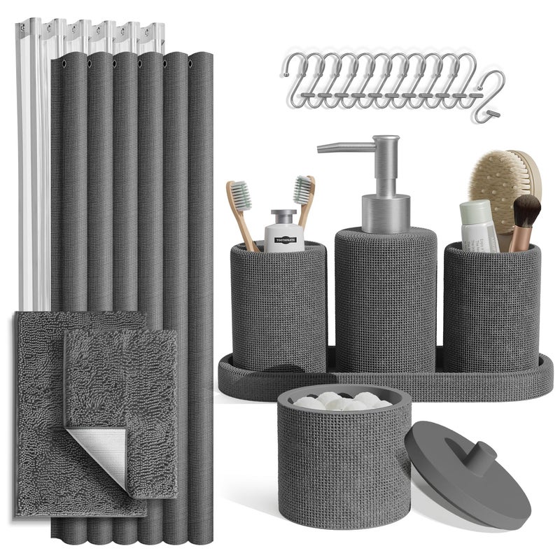 Clara Clark Grey Bathroom Set - Bathroom Sets with Shower Curtain and Rugs, 21PC Bathroom Accessory Set, Shower Curtain Set with Soap Dispenser & Toothbrush Holder - Image 1