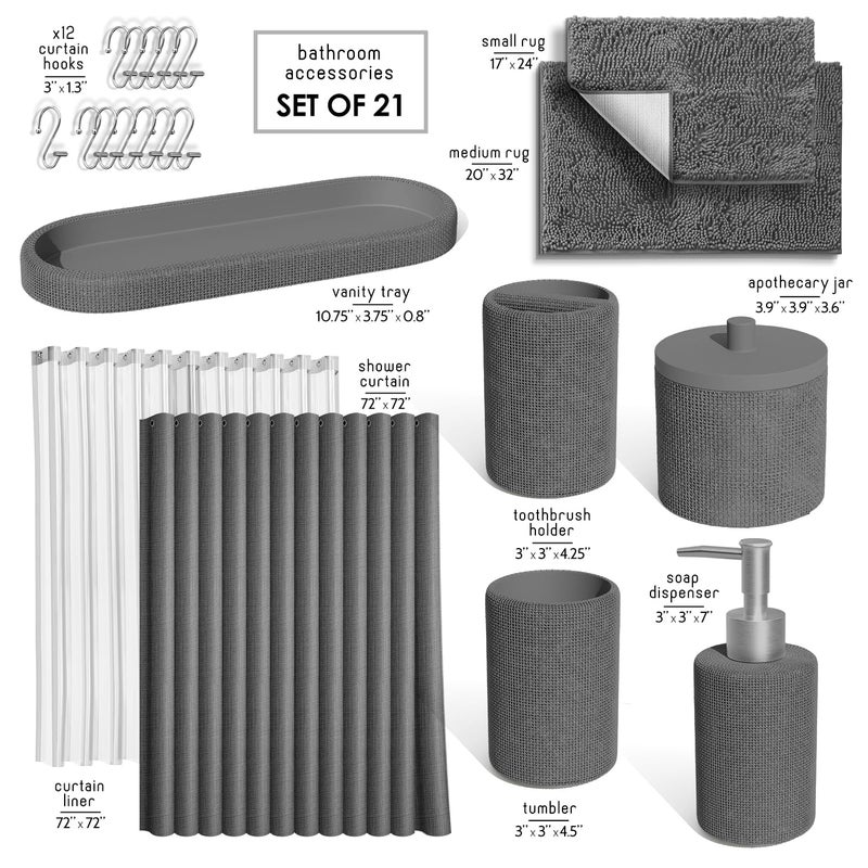 Clara Clark Grey Bathroom Set - Bathroom Sets with Shower Curtain and Rugs, 21PC Bathroom Accessory Set, Shower Curtain Set with Soap Dispenser & Toothbrush Holder - Image 2