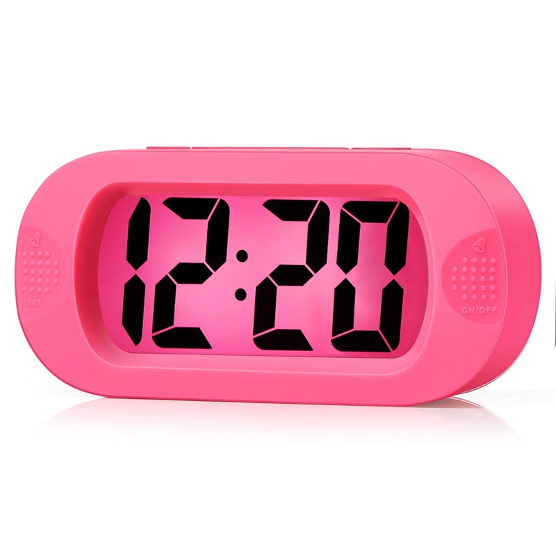 Plumeet Digital Alarm Clock Travel Clock with Snooze and Nightlight  Easy to Set Simple Bedside Alarm Clocks for Kids  Ascending Sound  Battery Powered Pink