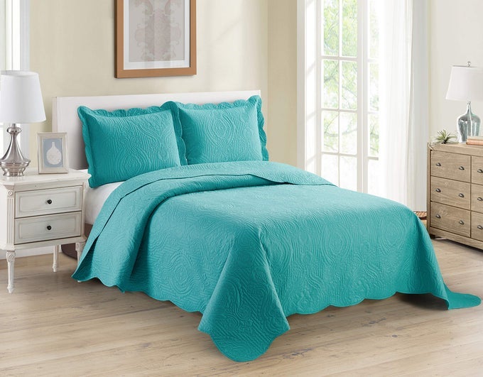3PC KINGCAL KING OVER SIZE LUXURY EMBOSSED BEDSPREAD SET LIGHT WEIGHT SOLID TURQUOISE NEW