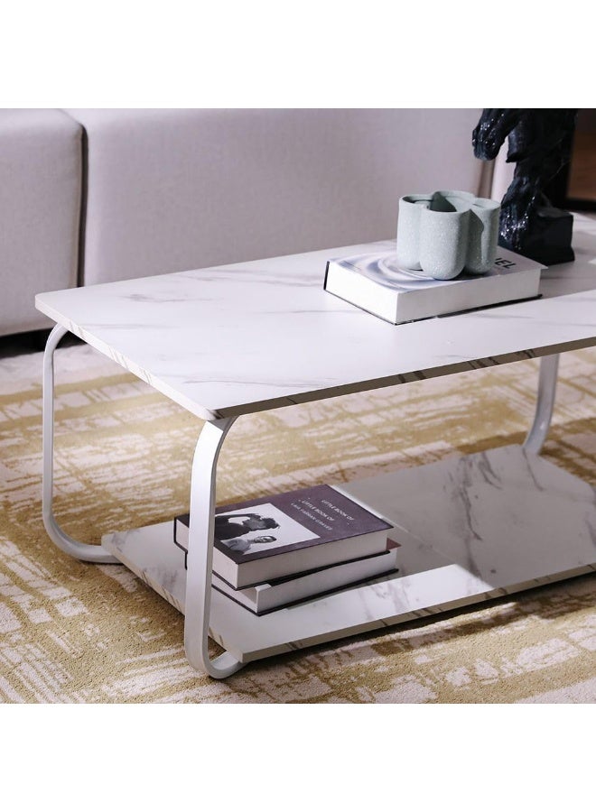 DubaiGallery Luxury Marble Look Coffee Table with Open Storage Shelf, Heavy Duty Metal Frame, Modern Rectangular Center Table for Living Room, Home Decor, Office Reception Use - Image 4