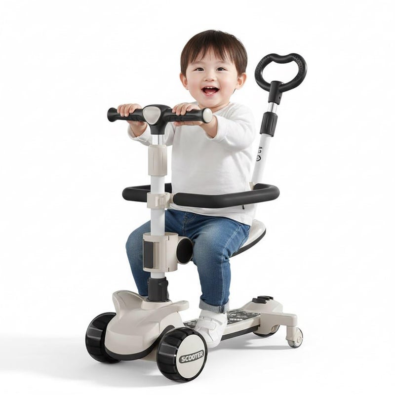 Multifunctional Kids Scooter with Adjustable Seat and Handlebar, Ride on Toy for Toddlers, White and Black