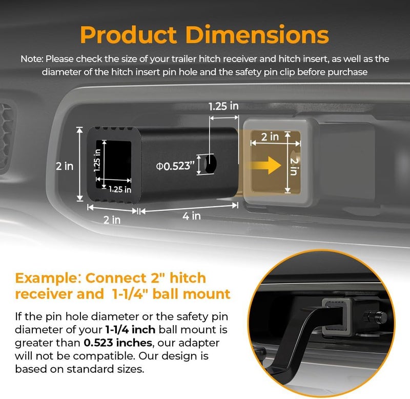 BougeRV 2 inches to 1-1/4 inches Trailer Hitch Adapter 2" to 1.25" Hitch Adapter Insert Sleeve Receiver Converter, Making Bike Rack and Cargo Carrier Fits Rear Trailer Hitch, Fits 1/2“ Hitch Lock Pin - Image 2