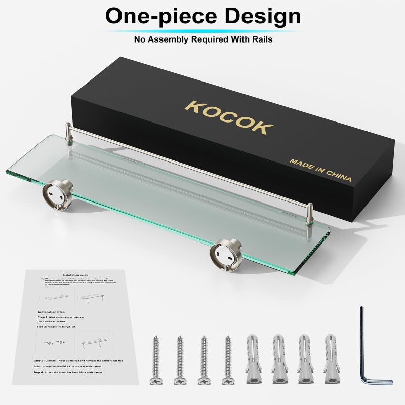 Koco & K KOCOK 20 Inches Glass Shelves for Bathroom, Brushed Nickel Floating Glass Shelf Stainless Steel Tempered Glass Bathroom Shelves for Wall Mount Modern - Image 4